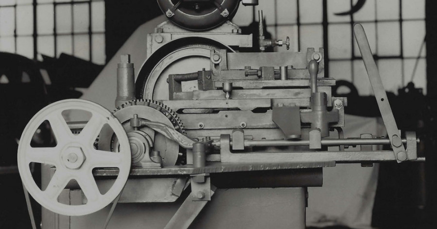 Machine for making initial cuts on knives made at Bick & Heintz.